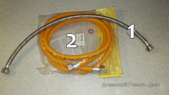 1 - den flexibla slangen i en metallmantel; 2 - gasslangar tillverkade av PVC