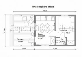 Finska hus 4x8 för trånga utrymmen med en toalett i sovrummet