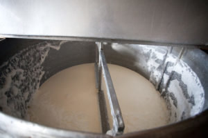 Tillsätt mjölk fermenterad mjölk vassle. Efter blandning av innehållet koagulatet. 
